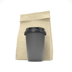 Coffee to go and lunch bag, on white.