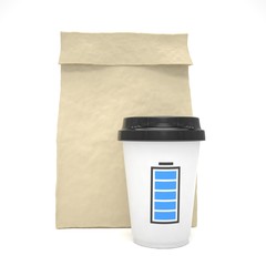 Coffee to go and lunch bag, on white.