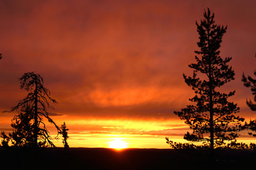 Sunset in hills. Northern Finland