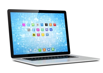 3d rendering of a laptop with blue wallpaper with app icon