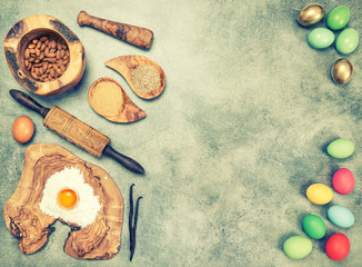 Fototapeta na wymiar Easter baking. Eggs, flour, sugar. Vintage copy space