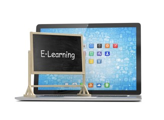  Laptop with chalkboard, e-learning, online education concept