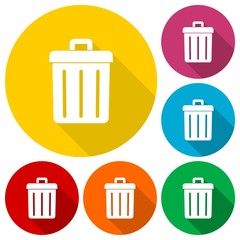 Trash bin or trash can symbol icons set with long shadow