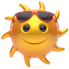 Sun smiley face ball sunglasses cheerful summer smile cartoon emoticon happy yellow orange sunny heat icon. Smiling laughing character vacation holiday chilling sunbathing sunbeam avatar. 3d render