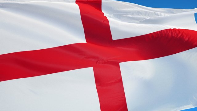 England flag waving in slow motion against clean blue sky, seamlessly looped, close up, isolated on alpha channel with black and white luminance matte, perfect for film, news, digital composition