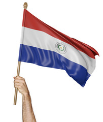 Hand proudly waving the national flag of Paraguay