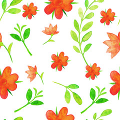 Seamless pattern with watercolor flowers and floral elements.