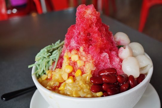 Ais Kacang (ABC), a colorful Malaysian dessert made of shaved ice, beans and colored jelly