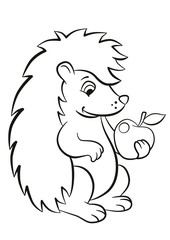 Little cute hedgehog holds an apple in the paw.