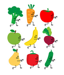 running cartoon vegetables and fruits with arms and legs. broccoli carrot tomato apple banana beet pear pepper cucumber isolated on white background.healthy food