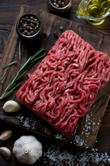 Close-up of raw fresh beef mincemeat with seasonings, above view
