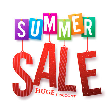 Summer Sale Colorful Text Hanging Isolated in White Background with Huge Discount for Summer Promotion. Vector Illustration
