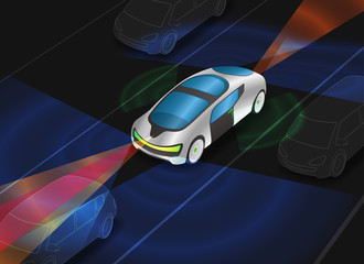 futuristic vehicle and various sensors, view from diagonally and front, vector illustration