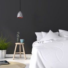 Bedroom with a wooden stool and a concrete lamp