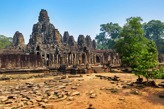 Cambodia Famous Landmark. Prasat Bayon Temple In Angkor Thom, Angkor Wat Complex, Siem Reap. Ancient Khmer Architecture. Popular Tourist Attraction, Travel Destination In Asia. Tourism. World Heritage