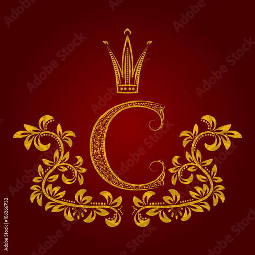 Patterned Golden Letter C Monogram In Vintage Style Heraldic Coat