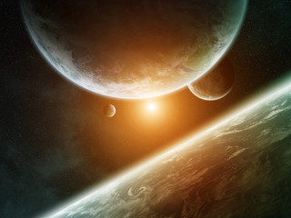 Fototapeta premium Sunrise over group of planets in space