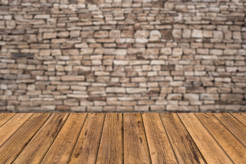 stone wall background with wooden slats floor