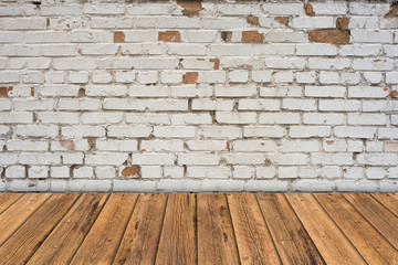 Empty table and white brick wall background, product display tem