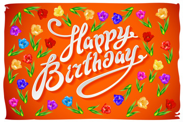 Vector Happy Birthday Card flower tulip vintage orange background