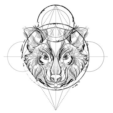 Animal head triangular icon , geometric trendy line design. Vector illustration ready for tattoo or coloring book. Wolf head hand drawn sketch.