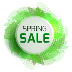 Round banner for the spring sale with green  leaves and halftone. Vector element for your design