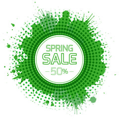 Banner for the spring sale with green splashes and halftones. Vector element for your design