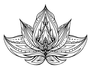 Outline Lotus with boho pattern. Vector element for spa centers, yoga studios. Hand drawn. Doodle elements for your design. Coloring for adults