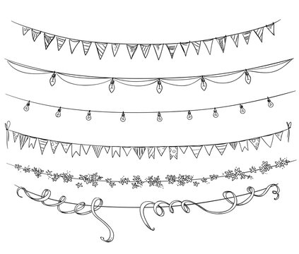 Set of decorations. Flags and lights. Vector sketch.