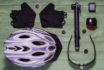 Tools and accessories set for cycling, flat lay. - obrazy, fototapety, plakaty
