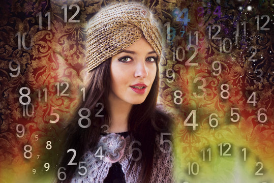 Woman's face, magic of figures, numerology