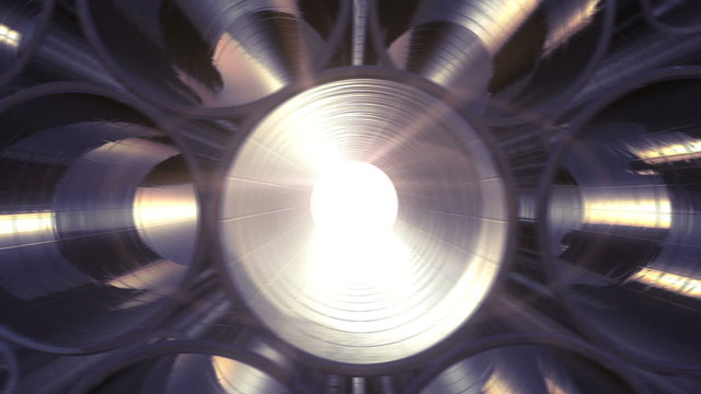 Rows of Metal Pipes with reflections and Sun Flares inside. Looped 3d animation. HD 1080. Steel pipes at metal factory.