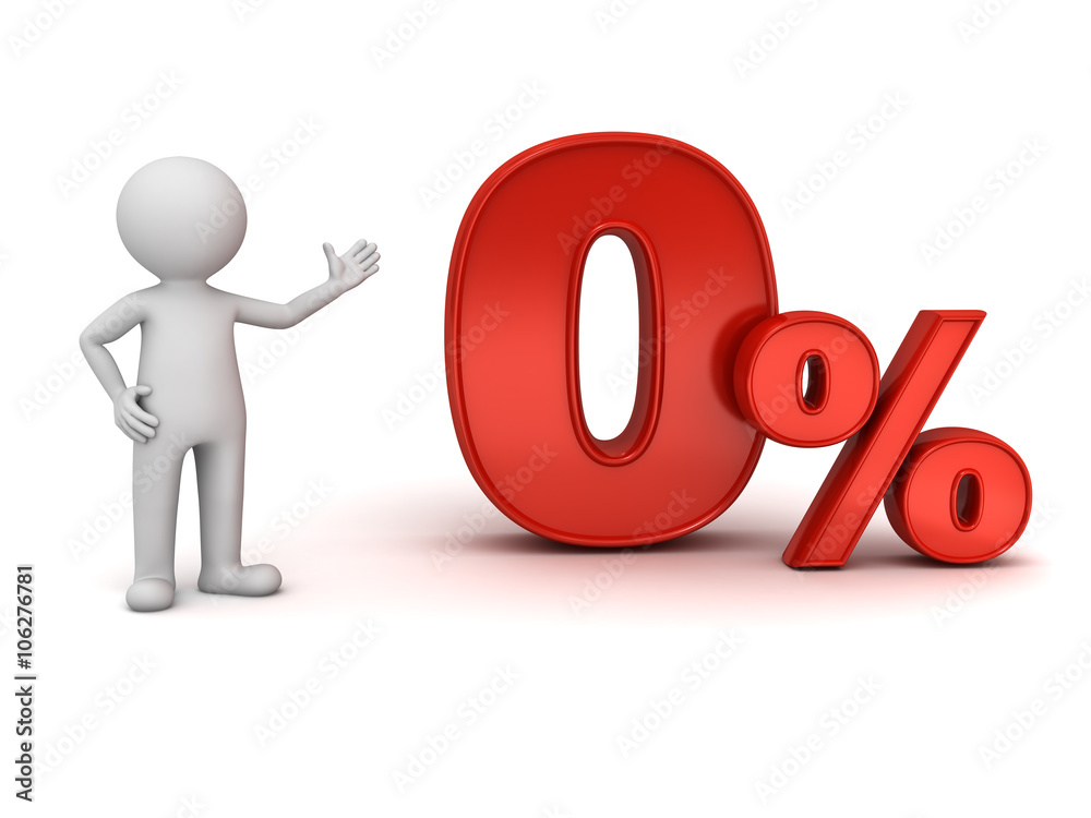 Poster 3d man standing and presenting red zero percent or 0 % isolated over white background abstract conce