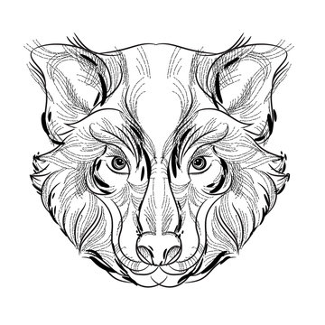 Animal head sketch, free line design on white background. Vector illustration ready for tattoo or coloring book. Wolf head hand drawn sketch 