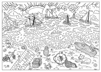 Hand drawn illustration of beach after storm. Coloring book page