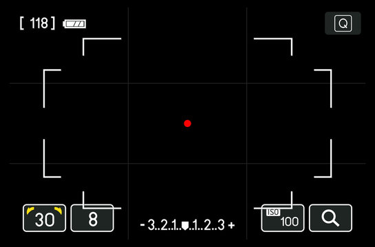 camera viewfinder with exposure and camera settings with black background