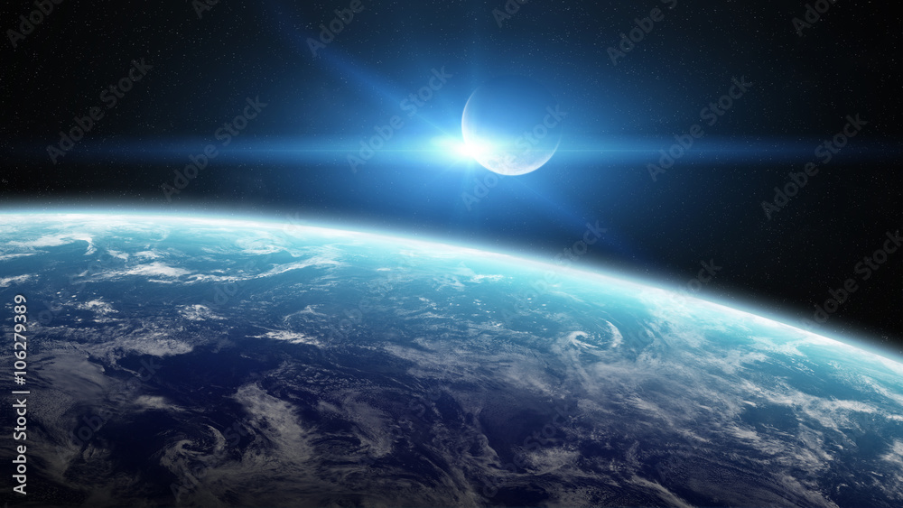 Poster view of the moon close to planet earth in space