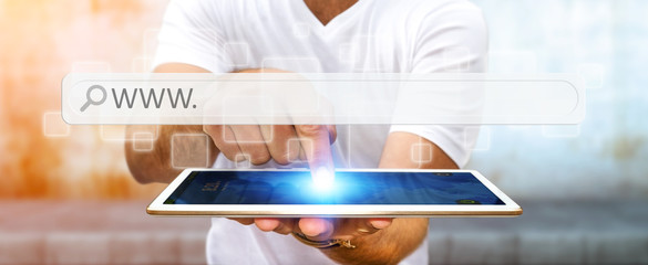 Man surfing on internet with digital tactile web address bar