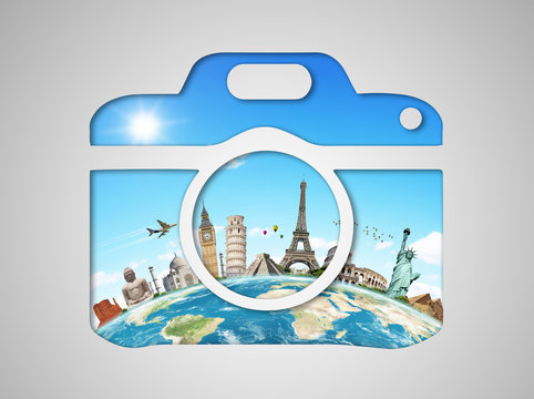 Famous monuments of the world in a camera icon