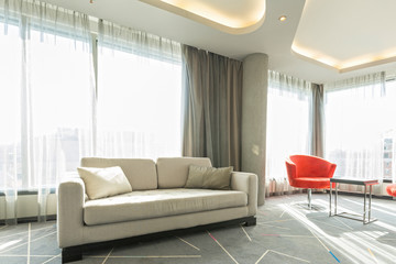 Interior of a modern living room with sunlight
