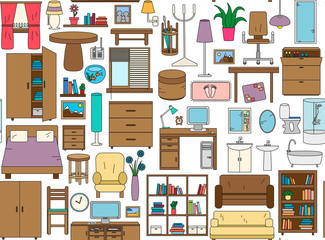 Seamless pattern with icons for Interior. Thin line in bright colors.