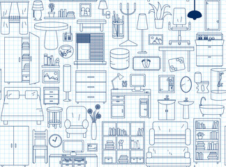 Seamless pattern with icons for Interior. Thin line in blue colors on notebook.