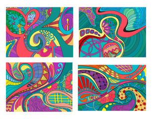 Set of four abstract background with lines, wave and flowers in bright colors.
