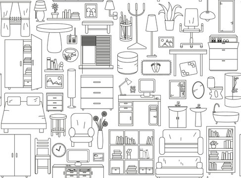 Seamless pattern with icons for Interior. Thin line in black and white colors.
