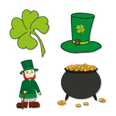 St. Patricks Day icons - Leprechaun, Leprechauns hat, pot of gold and clover.