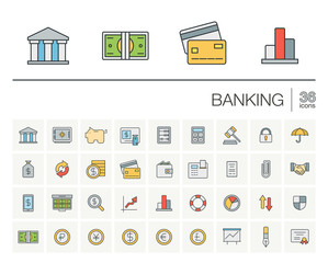 Vector thin line icons set and graphic design elements. Illustration with banking and finance outline symbols. Bank, card, wallet, coin, safe, money bag, cash, dollar, euro, pound linear pictogram