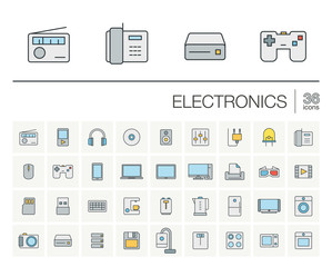 Vector thin line icons set and graphic design elements. Illustration with electronics, multimedia and technology outline symbols. Music, film, phones, joystick, video, kitchen gadgets linear pictogram