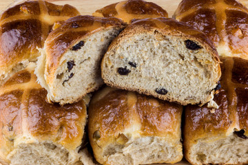 Hot Cross Easter Buns on Wooden Tray