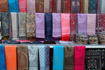 Silk scarves for sale in Baku's Old City, Azerbaijan. Scarf making is a traditional craft dating back hundreds of years in Azerbaijan, often with bright and colourful design
