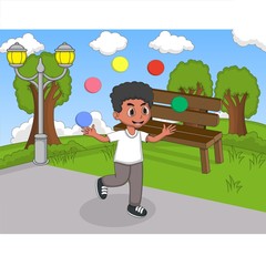 Obraz na płótnie Canvas Boy playing juggling and running at the park cartoon